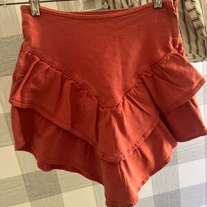 MOTHER Ruffled Layered Skirt in Rust hot coral